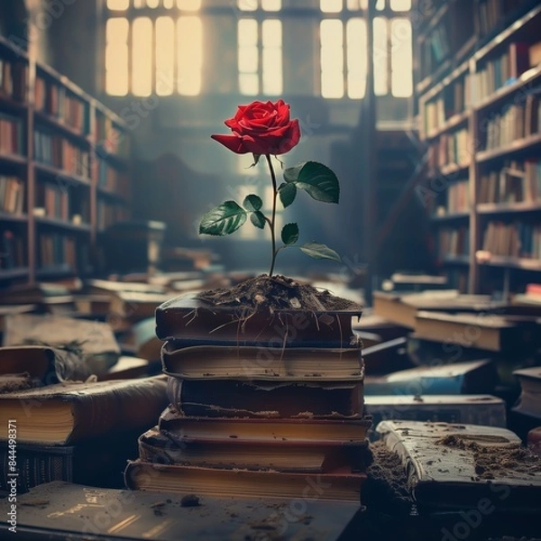 Fototapeta Rose growing in the middle of a pile of books.