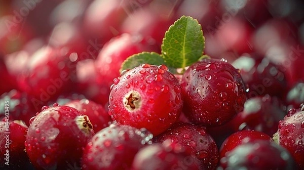 Fototapeta   A clearer image captures a cherry cluster, with droplets glistening atop the lush foliage