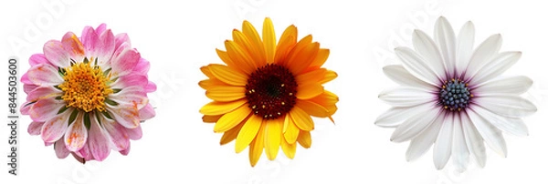 Fototapeta set of 3 colorful blooming flowers isolated on white and transparent background