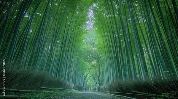 Fototapeta Serene bamboo forest pathway, enveloped in lush greenery, offering a tranquil and peaceful nature escape, perfect for a serene walk or meditation.