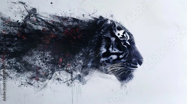 Fototapeta   A monochromatic painting of a tiger's face with splattered black and white paint