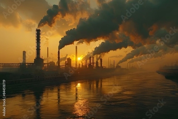 Fototapeta Industrial Pollution at Sunset with Smoking Factory Chimneys by a River