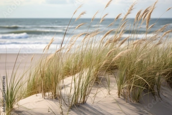 Fototapeta Tranquil scenery of sea oats swaying on sandy dunes with ocean waves in the background