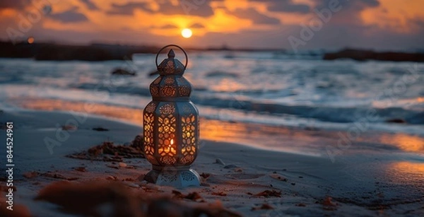Fototapeta Beautiful glowing lantern on the beach at sunset. Ramadan Kareem background