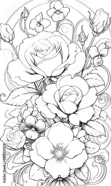 Obraz バラとスミレ　塗り絵（初中級）
