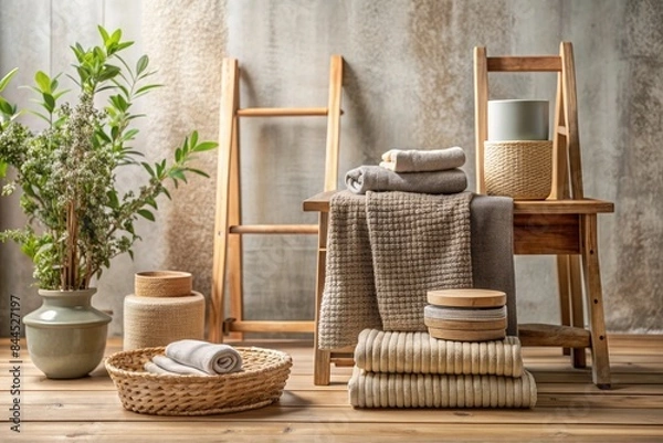 Obraz Cozy bathroom with towels and baskets.