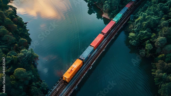 Fototapeta Top down view of railroad trestle over  River