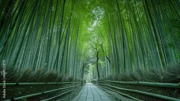 Fototapeta Serene bamboo forest pathway lined with tall, green bamboo trees leading into distance, creating a tranquil, nature-inspired scene.