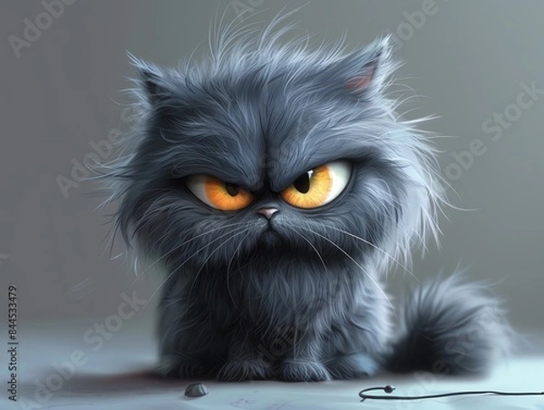 Fototapeta Fluffy grey cartoon cat, grumpy expression, clean background, humorous tone