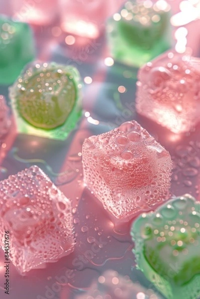 Fototapeta A closeup of gummy bear ice cubes in pink and green colors, lime slice,glistening with water droplets and creating an artistic pattern. The background has soft pastel hues, providing a serene