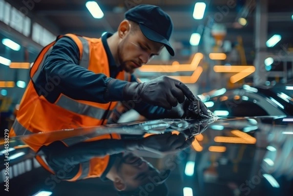 Fototapeta Car mechanic applying transparent protective film on vehicle in workshop