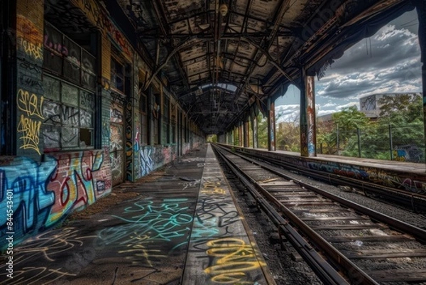 Fototapeta A graffiti covered train station with graffiti on the walls and the tracks