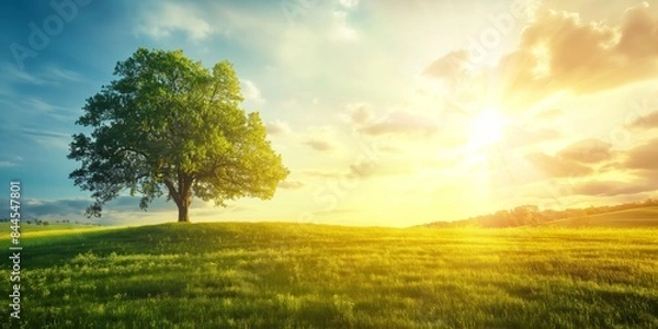 Fototapeta A magnificent tree stands in a field illuminated by the golden morning sun, casting light across the landscape and creating a serene and peaceful early morning atmosphere.