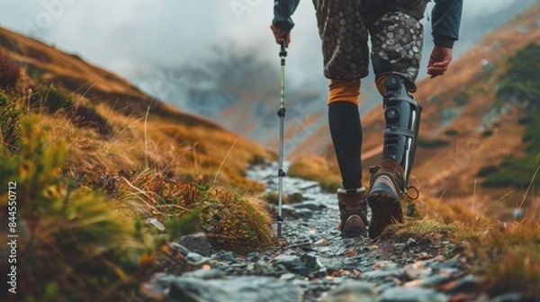 Fototapeta Inclusive Outdoor Activity: Person with Prosthetic Limb Hiking, Embracing Diversity and Accessibility in Nature Experiences
