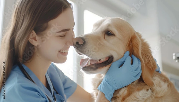 Fototapeta Caring Veterinarian Petting a HappyDog During a Check-Up in a Modern Clinic