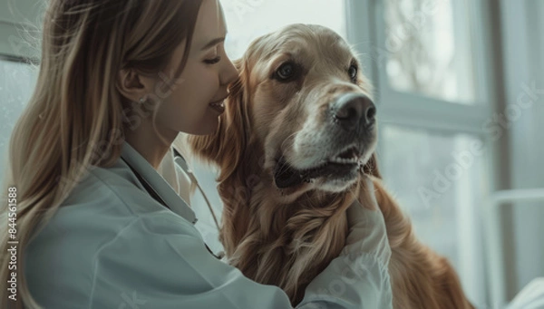 Fototapeta Caring Veterinarian Petting a HappyDog During a Check-Up in a Modern Clinic