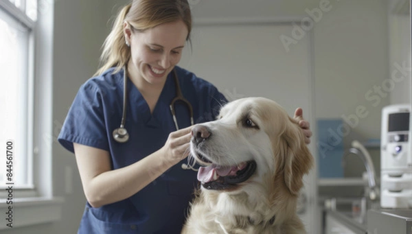 Fototapeta Caring Veterinarian Petting a HappyDog During a Check-Up in a Modern Clinic