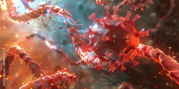 Fototapeta Virus-Host Cell Interaction: A series of images depicting the interaction between the novel virus and host immune cells, showing how the virus evades the immune response.