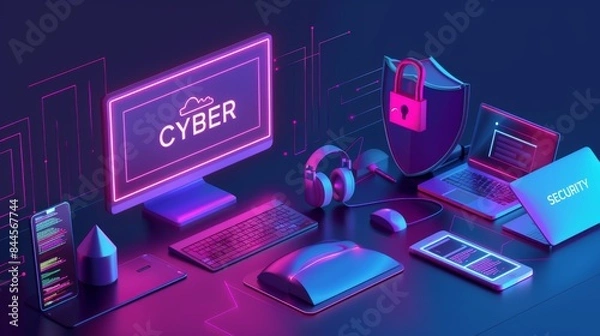 Fototapeta An illustration showcasing cyber security elements with glowing neon accents on a dark backdrop Icons and text connote digital protection themes