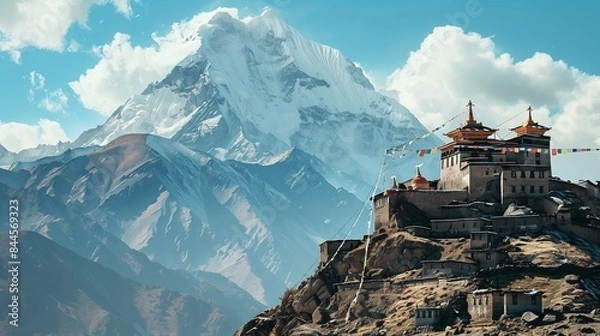 Fototapeta An isolated monastery stands on a snow-capped mountain, colorful prayer flags flutter in the serene landscape.