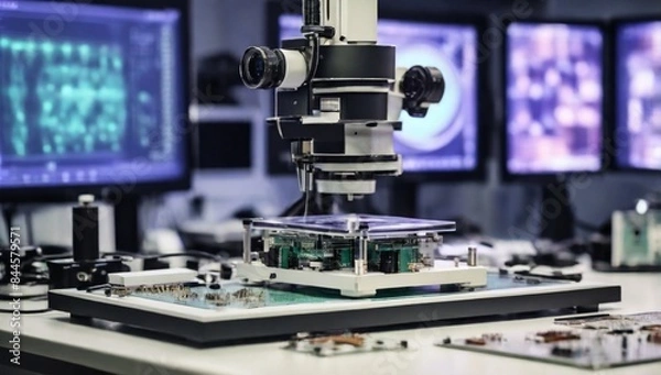 Obraz Manufacture of microprocessors. Creation of microchips. Equipment for production of nano processors. Creation and testing of electronic chip under microscope. Chip testing equipment.