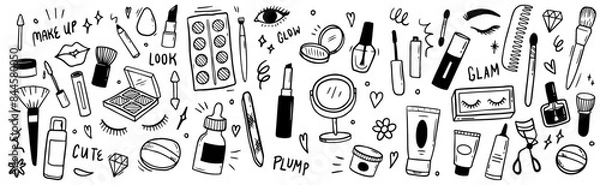 Obraz Makeup and beauty doodle set: hand drawn cosmetic elements vector collection
