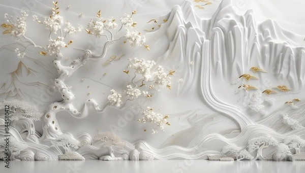Fototapeta An artistic 3D rendering with white wavy textures and gold-leafed trees and flowers on a soft-colored background