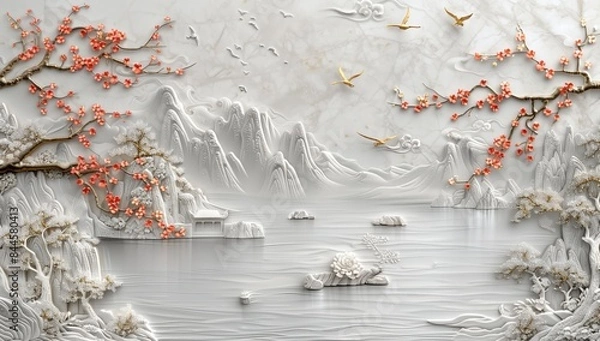 Fototapeta The artwork presents a serene 3D relief scene of mountains, a lake, traditional architecture, and trees with autumnal foliage and birds