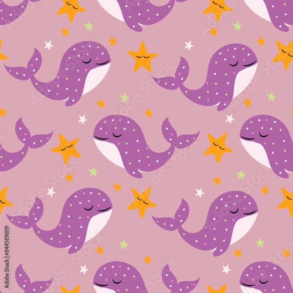 Fototapeta seamless pattern with purple whales and stars, vector pattern, design for nursery, textile and wrapping paper