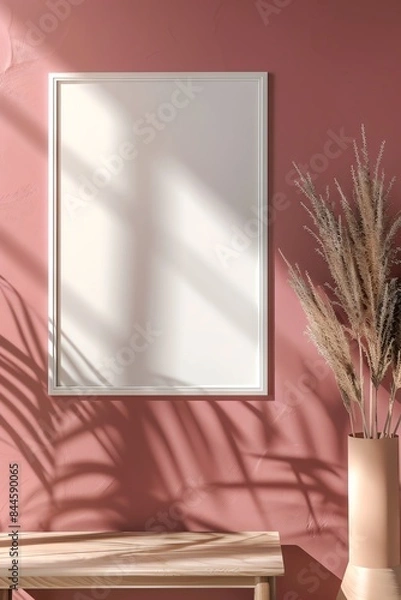 Fototapeta White framed mirror on a pink wall with white trim and vase of dried flowers.