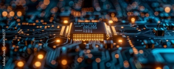 Fototapeta Close up of microchips representing futuristic technology. Information technology and AI concept