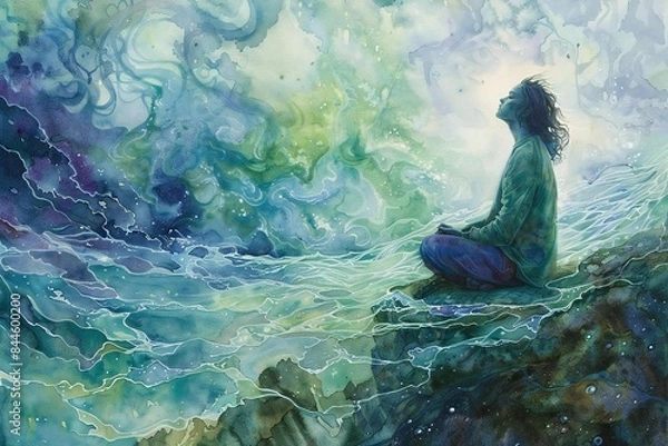Obraz Attaining Nirvana: The state of ultimate peace and freedom from the cycle of life and death through liberation from desire and attachment.