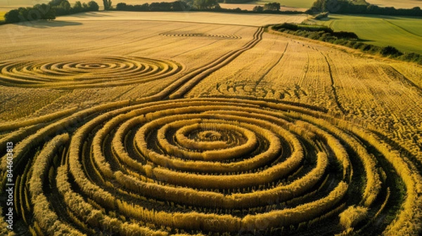 Fototapeta Crop circles on agricultural corn field, aerial view of extraterrestrial sign pattern. Concept of strange wheat texture background, ufo, nature, landscape