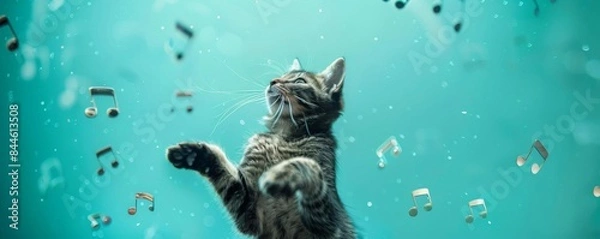 Obraz A cat looking up at a school of fish swimming above him.
