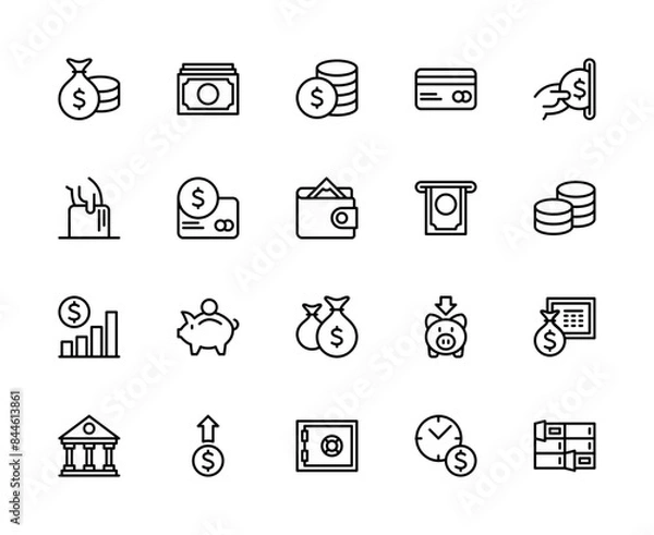 Fototapeta Money savings and finance vector linear icons set. Contains such icons as money, bag, dollar, currency, coins and more.