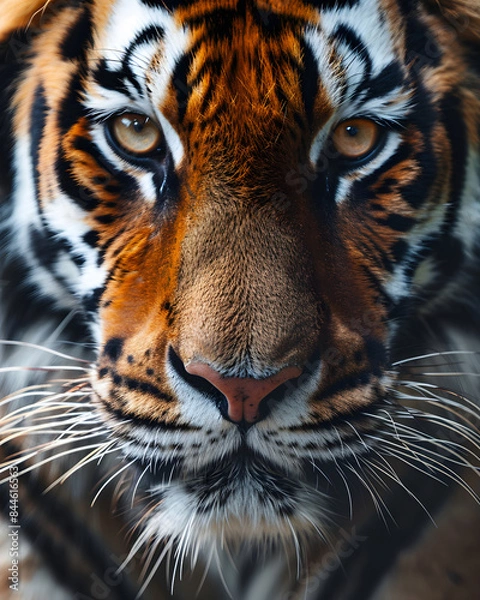 Fototapeta Tiger muzzle macro shot. Detailed close up shot of striped wildcat face texture. Wildlife in jungle. Banner for veterinary help. Pet care, animals concept background, poster, print, design card, flyer