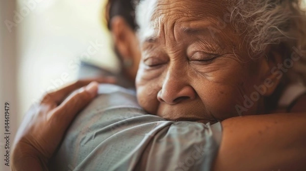 Obraz Elderly woman with closed eyes resting head on shoulder of younger person embracing in warm affectionate gesture.