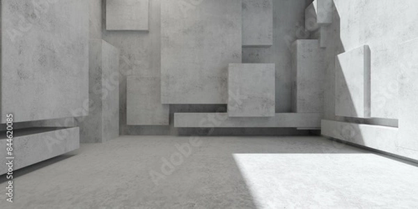 Obraz Abstract empty, modern concrete room with random offset walls, open ceiling and rough floor - industrial interior background template