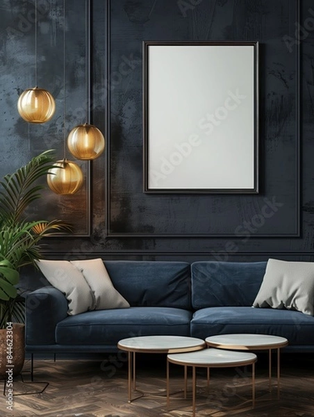 Fototapeta Empty horizontal picture frame, hanging in a dark decorated modern living space