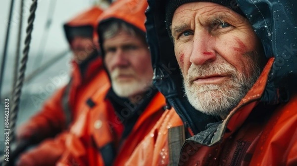 Fototapeta A trio of weathered bearded men in orange rain gear with one looking directly at the camera on a boat in a stormy sea.