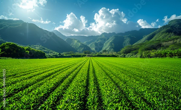 Fototapeta A field of green grass with a mountain in the background