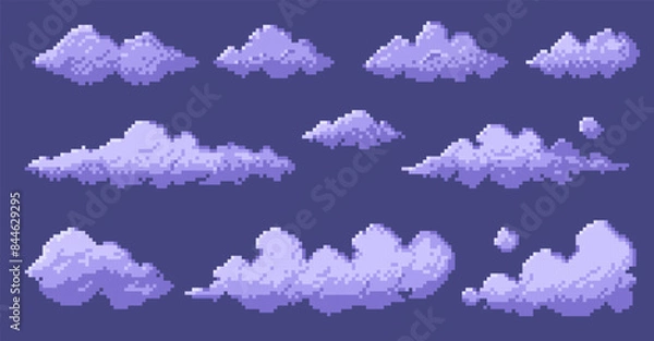Fototapeta Pixelated 8 bit clouds. Retro video game sky background, digital 2D sprite asset, blue white cloud shapes for game design. Vector isolated set