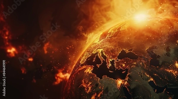 Obraz Earth globe under extreme heat from the sun, Europe engulfed in flames and destroyed by fire. Conceptual illustration of global warming, rising temperatures, and climate change disaster.