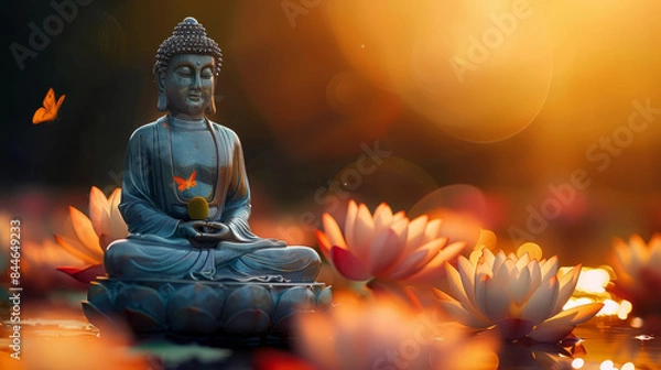 Obraz A Buddha statue placed on a rock in the river, surrounded by lotus flowers and candles.