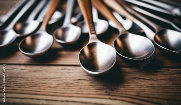 Fototapeta Close-up image of a set of elegant stainless steel spoons arranged in a fanned pattern on a wooden table