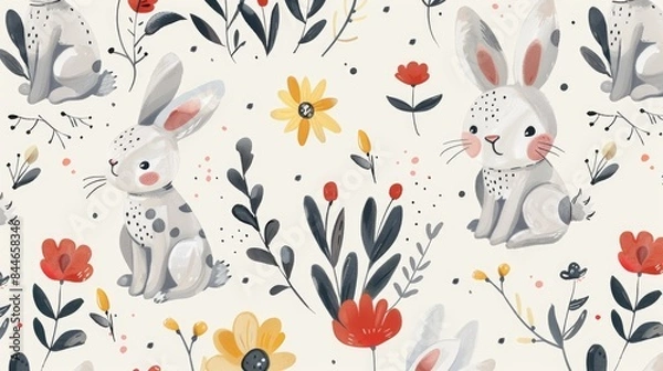 Fototapeta A delightful seamless pattern featuring adorable abstract rabbits and flowers perfect for children s designs
