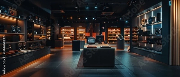 Obraz dark store with high end tech products on display, LED lighting, wooden shelves and displays
