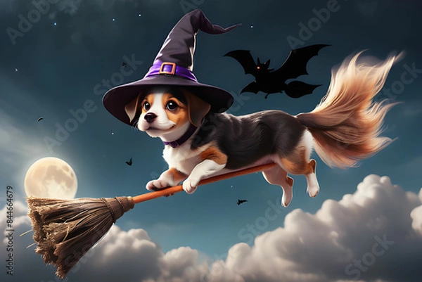 Obraz A cute dog wearing a witch hat and flying in the sky on a broom