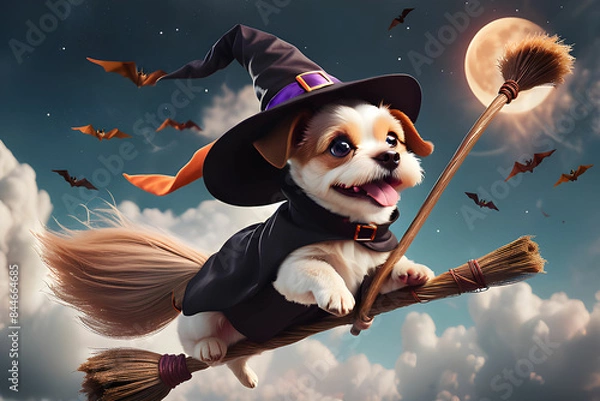 Obraz A cute dog wearing a witch hat and flying in the sky on a broom