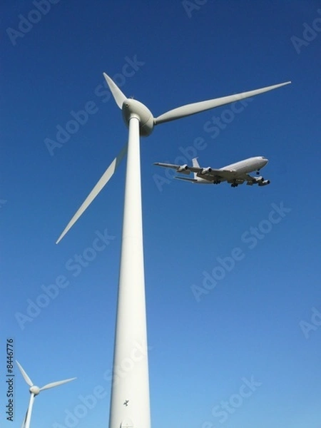 Fototapeta Windrad mit Flugzeug